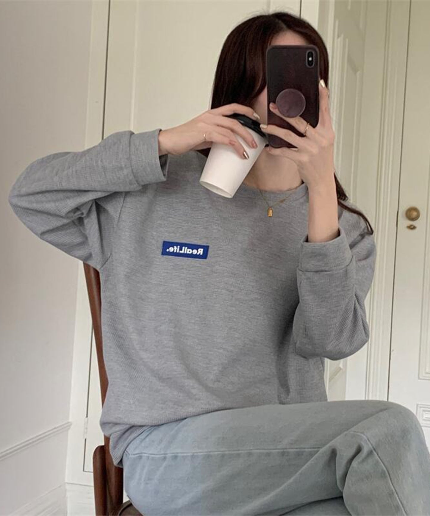 ワッフル素材 ワンポイント オーバーサイズ クルーネック プルオーバー