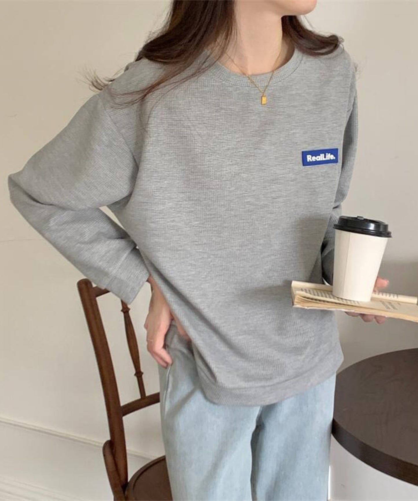ワッフル素材 ワンポイント オーバーサイズ クルーネック プルオーバー