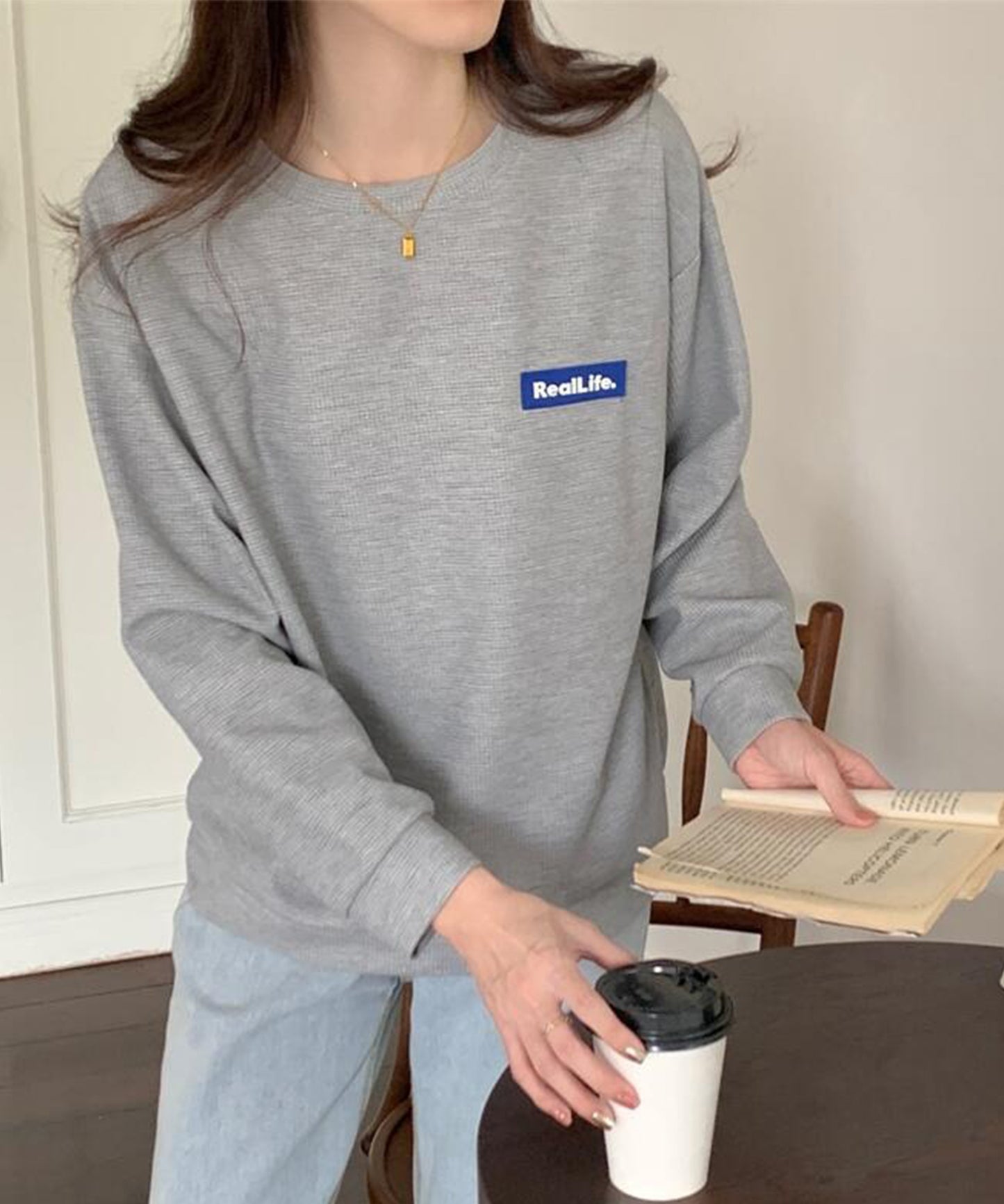 ワッフル素材 ワンポイント オーバーサイズ クルーネック プルオーバー