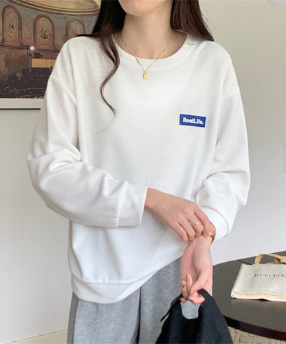 ワッフル素材 ワンポイント オーバーサイズ クルーネック プルオーバー