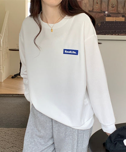 ワッフル素材 ワンポイント オーバーサイズ クルーネック プルオーバー