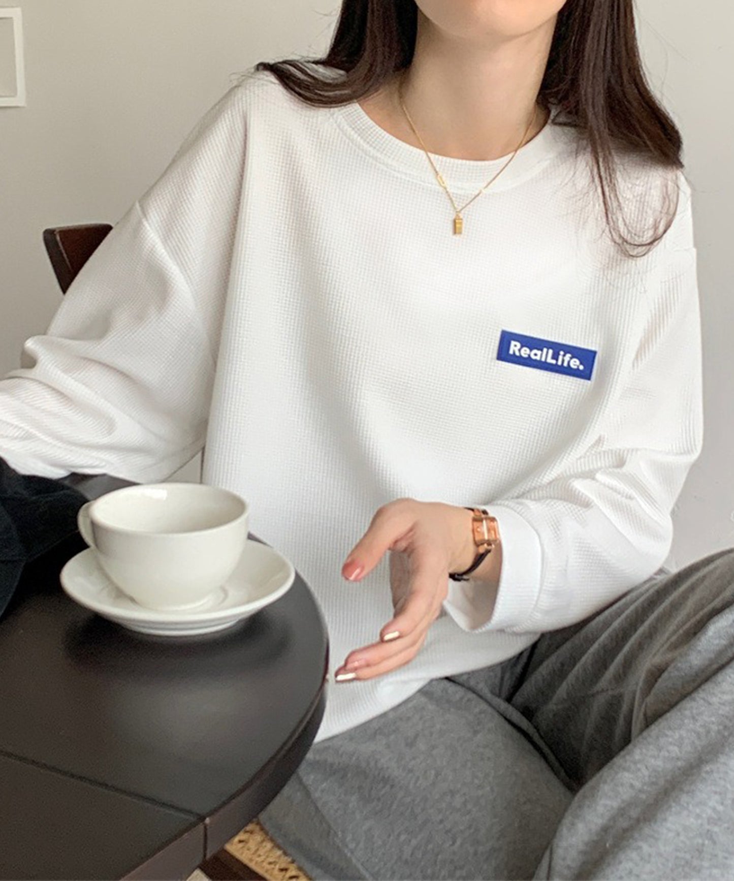 ワッフル素材 ワンポイント オーバーサイズ クルーネック プルオーバー