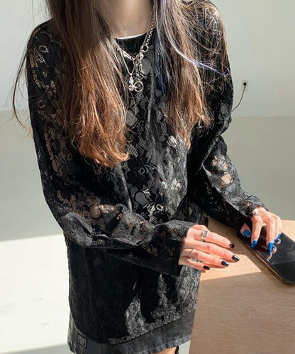 レース シアー クルーネック ロング丈 プルオーバー