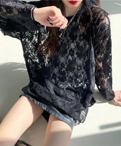 レース シアー クルーネック ロング丈 プルオーバー