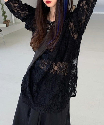 レース シアー クルーネック ロング丈 プルオーバー