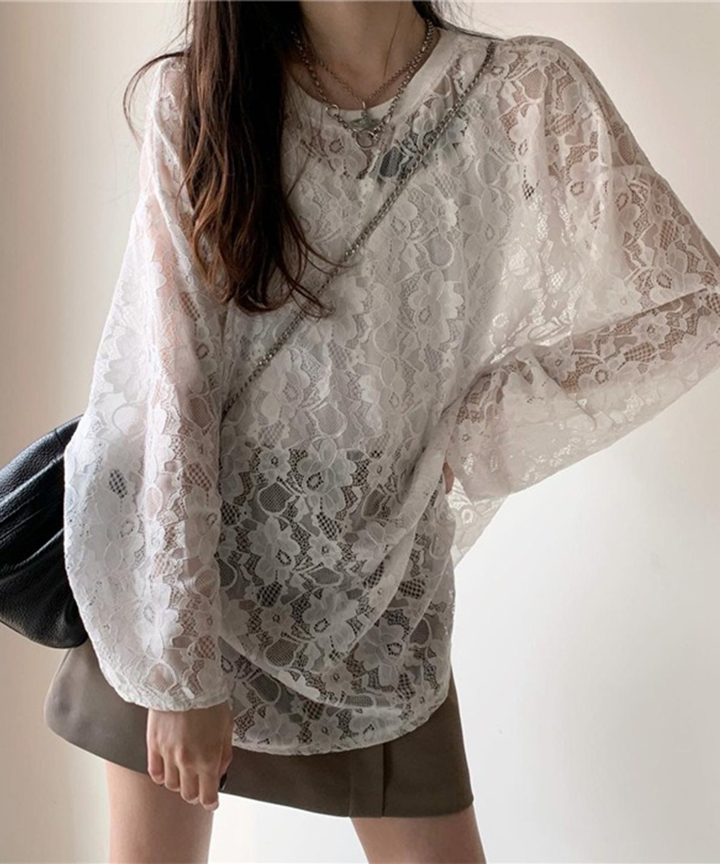 レース シアー クルーネック ロング丈 プルオーバー