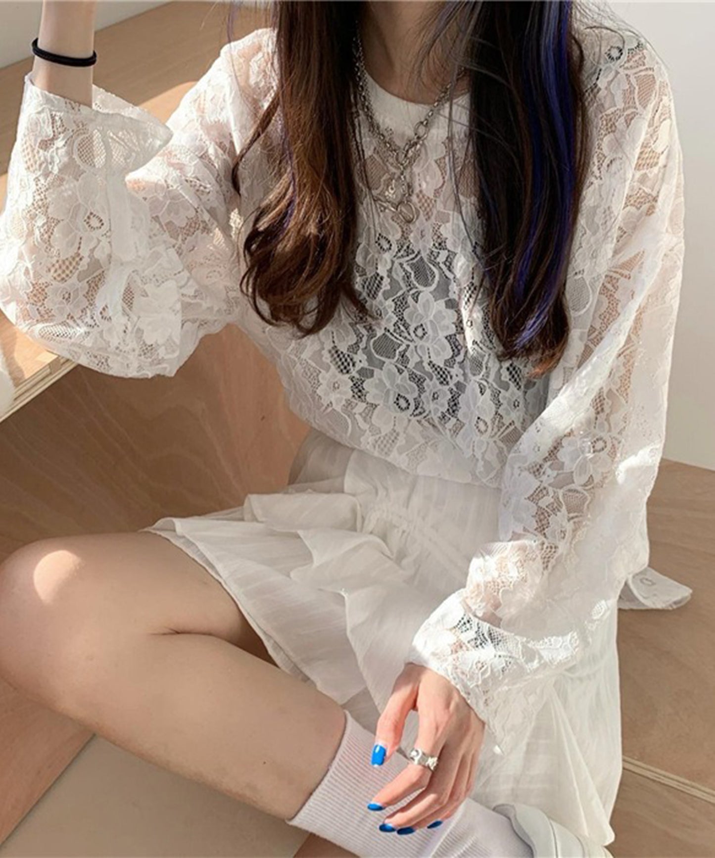 レース シアー クルーネック ロング丈 プルオーバー