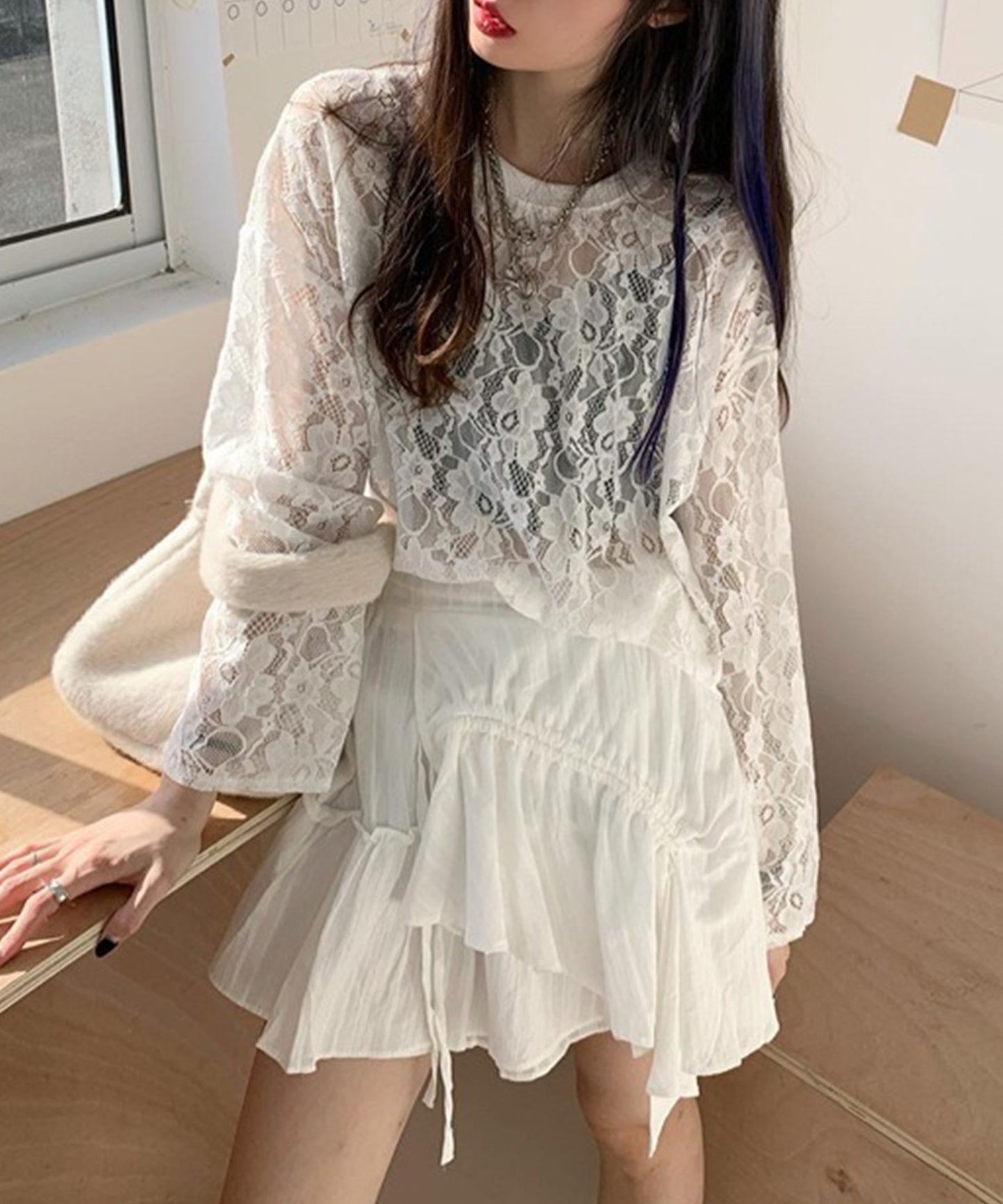 レース シアー クルーネック ロング丈 プルオーバー