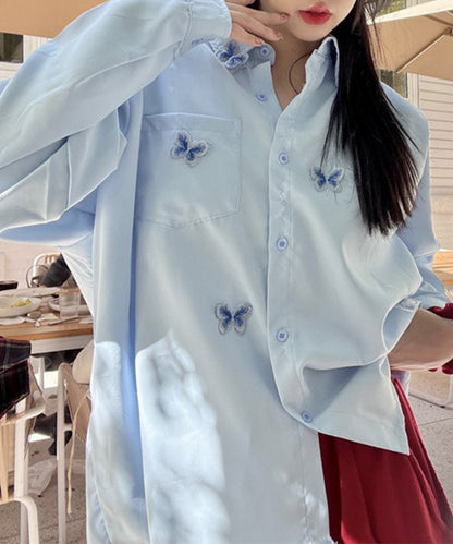 バタフライ 刺繍 レギュラーカラー オーバーサイズ シャツ