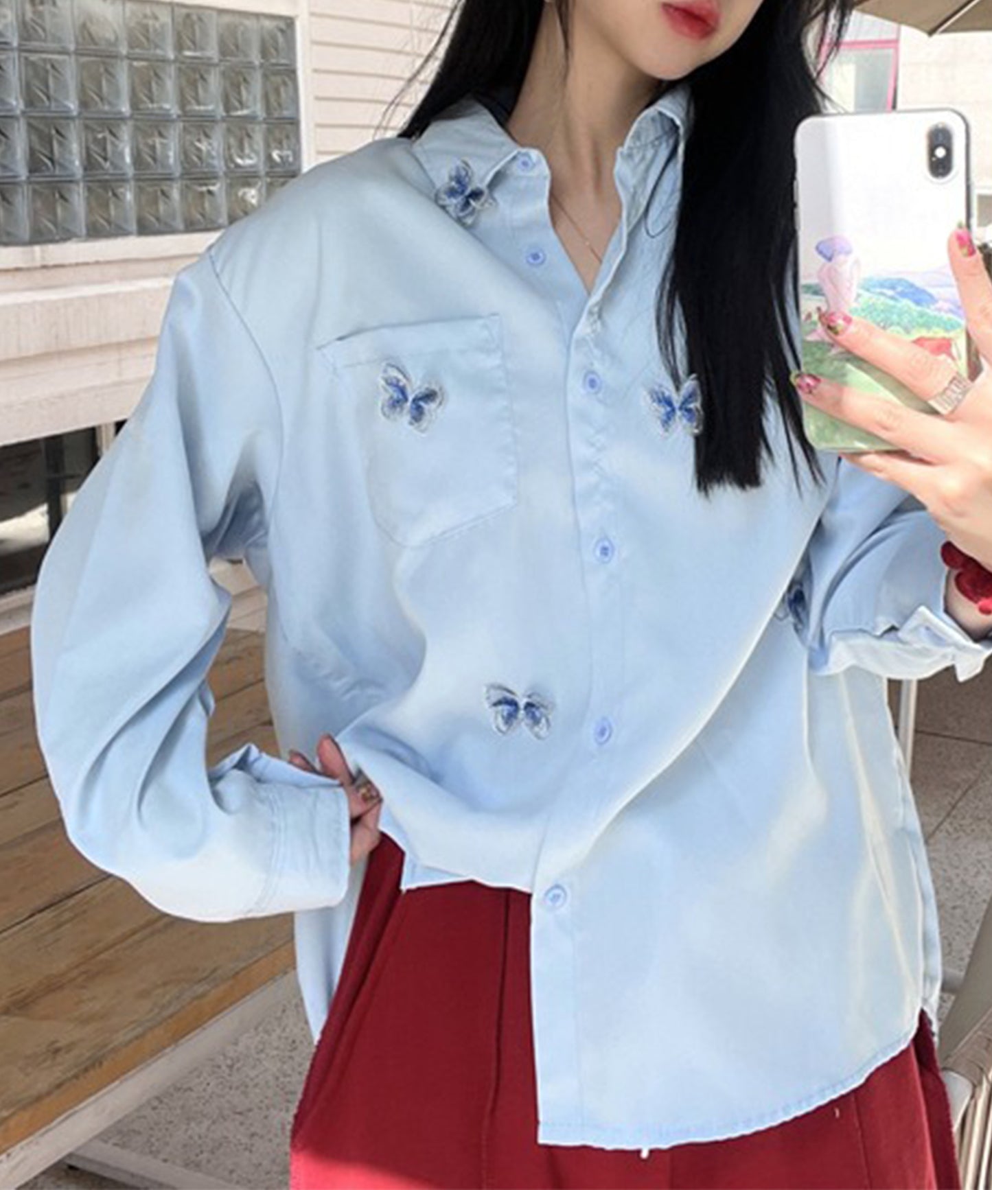 バタフライ 刺繍 レギュラーカラー オーバーサイズ シャツ