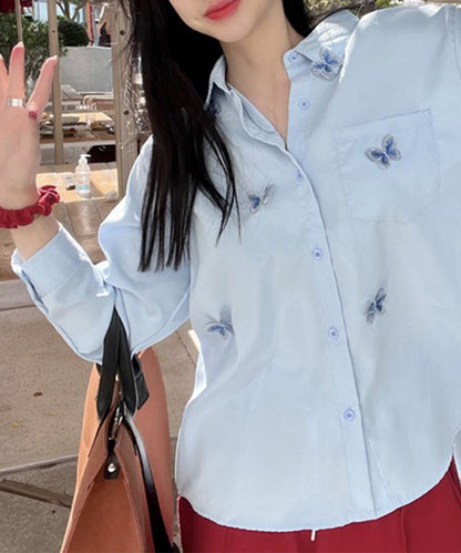 バタフライ 刺繍 レギュラーカラー オーバーサイズ シャツ