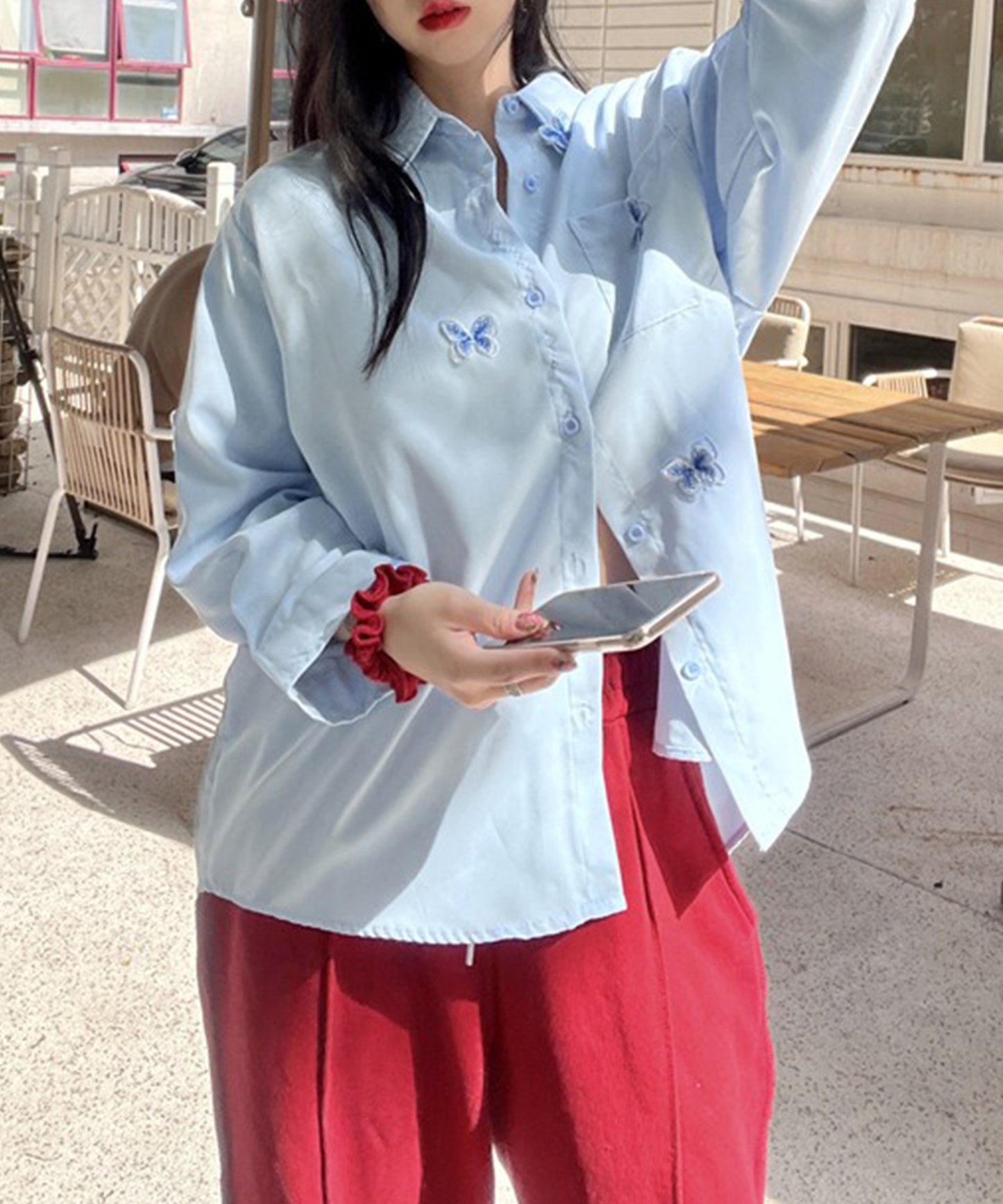 バタフライ 刺繍 レギュラーカラー オーバーサイズ シャツ