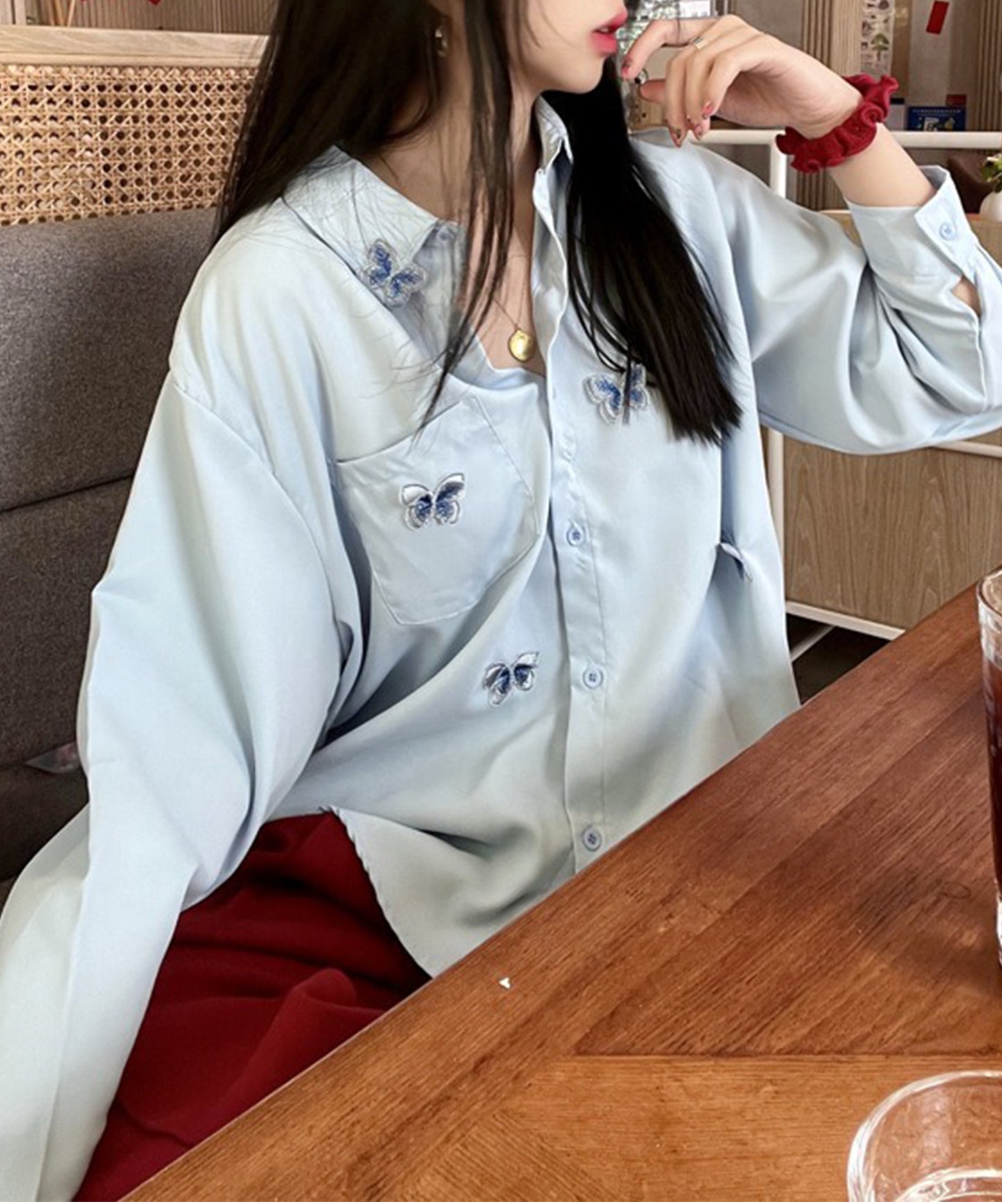 バタフライ 刺繍 レギュラーカラー オーバーサイズ シャツ