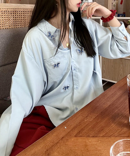 バタフライ 刺繍 レギュラーカラー オーバーサイズ シャツ