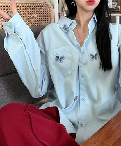 バタフライ 刺繍 レギュラーカラー オーバーサイズ シャツ