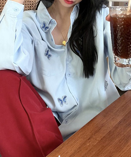 バタフライ 刺繍 レギュラーカラー オーバーサイズ シャツ