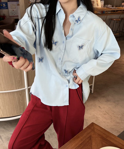 バタフライ 刺繍 レギュラーカラー オーバーサイズ シャツ