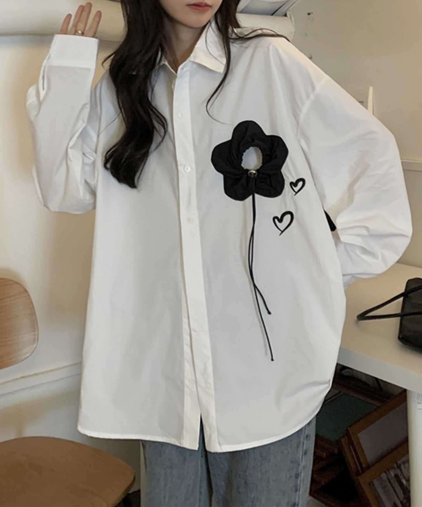 フラワー モチーフ レギュラーカラー オーバーサイズ シャツ