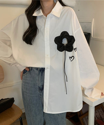 フラワー モチーフ レギュラーカラー オーバーサイズ シャツ