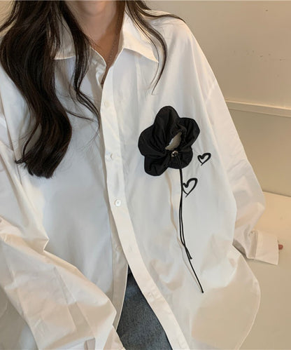 フラワー モチーフ レギュラーカラー オーバーサイズ シャツ