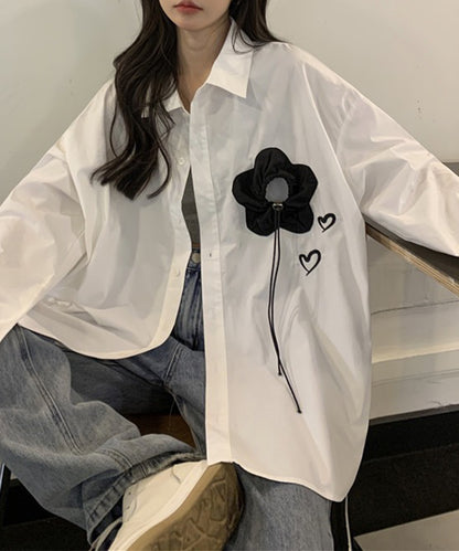 フラワー モチーフ レギュラーカラー オーバーサイズ シャツ