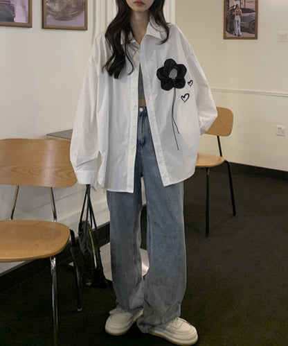 フラワー モチーフ レギュラーカラー オーバーサイズ シャツ