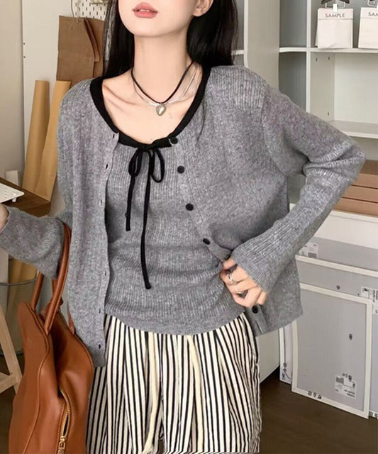 配色 リボン ニット アンサンブル 2点セット