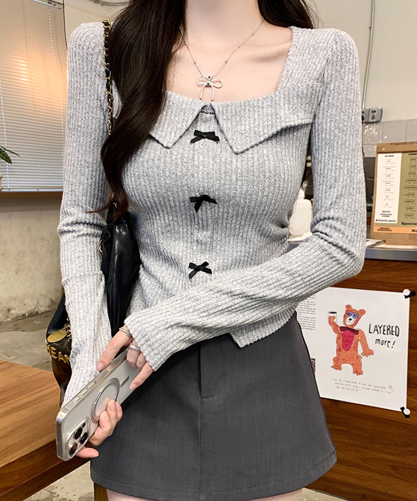 リボン付き スクエアネック リブ ニット プルオーバー