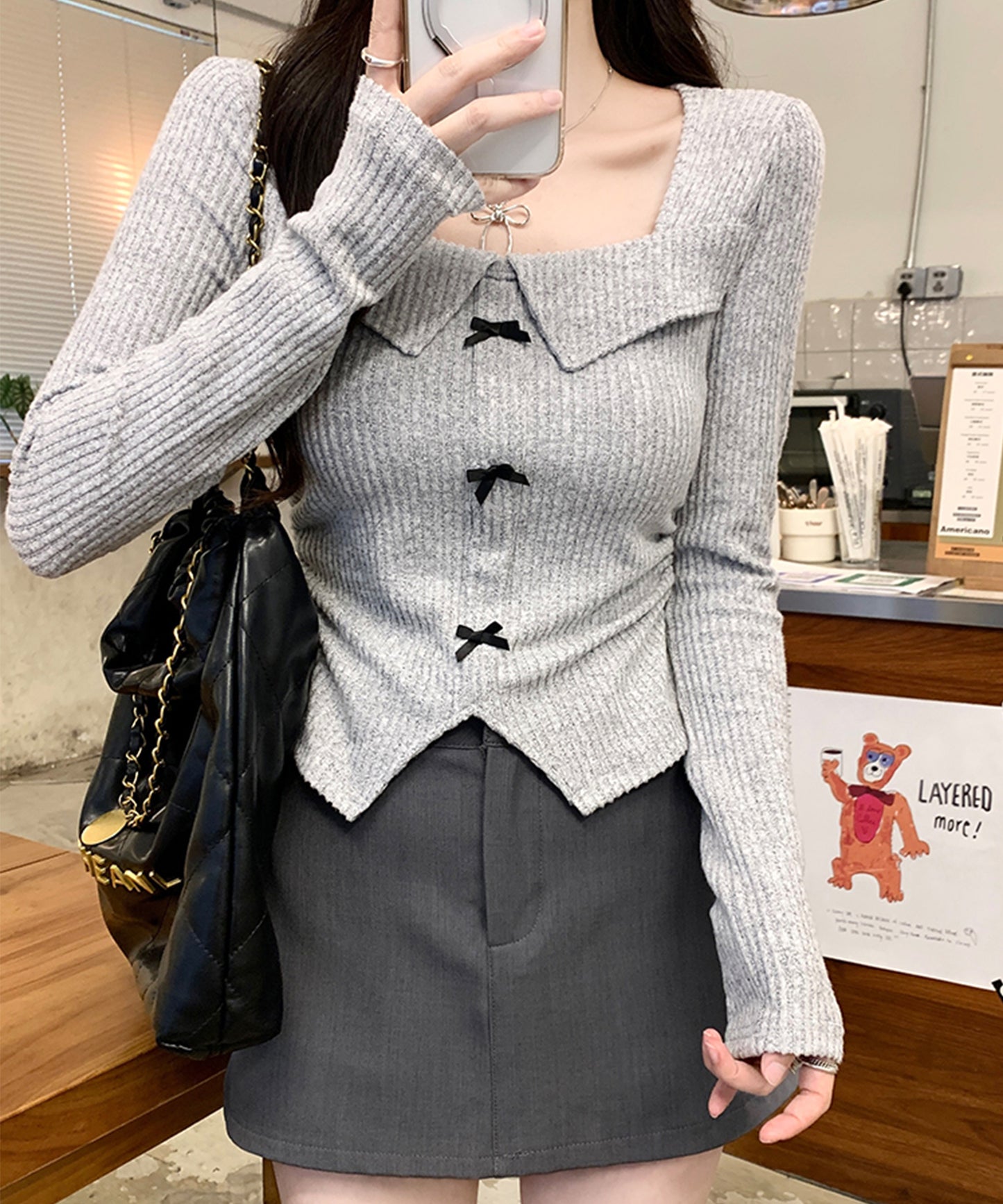 リボン付き スクエアネック リブ ニット プルオーバー