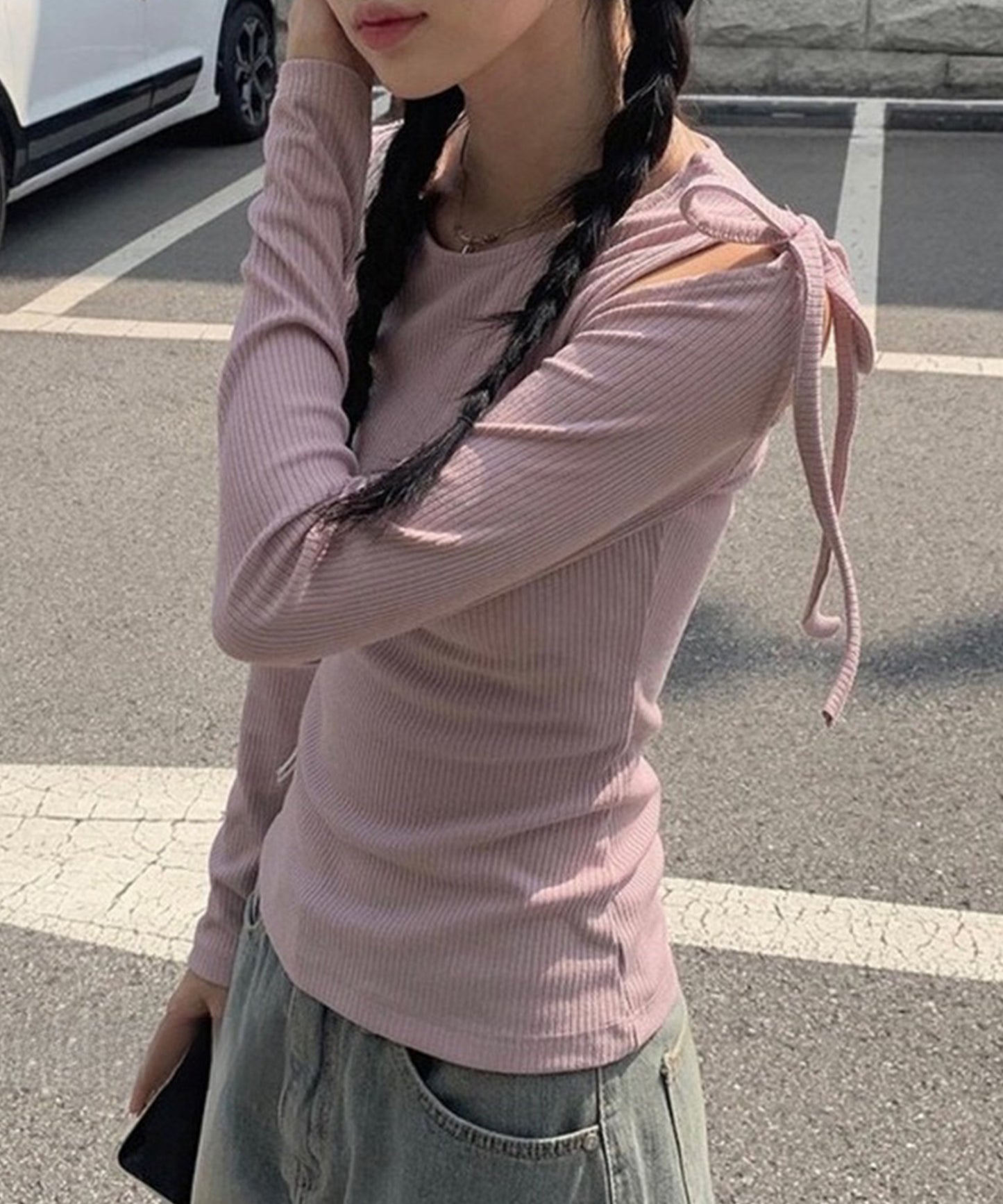 肩リボン オープンカット ショルダー リブ カットソー