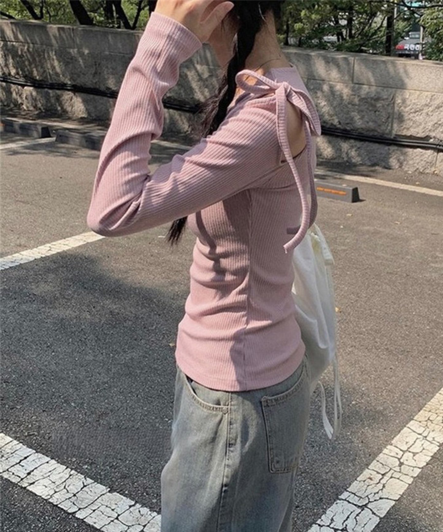 肩リボン オープンカット ショルダー リブ カットソー