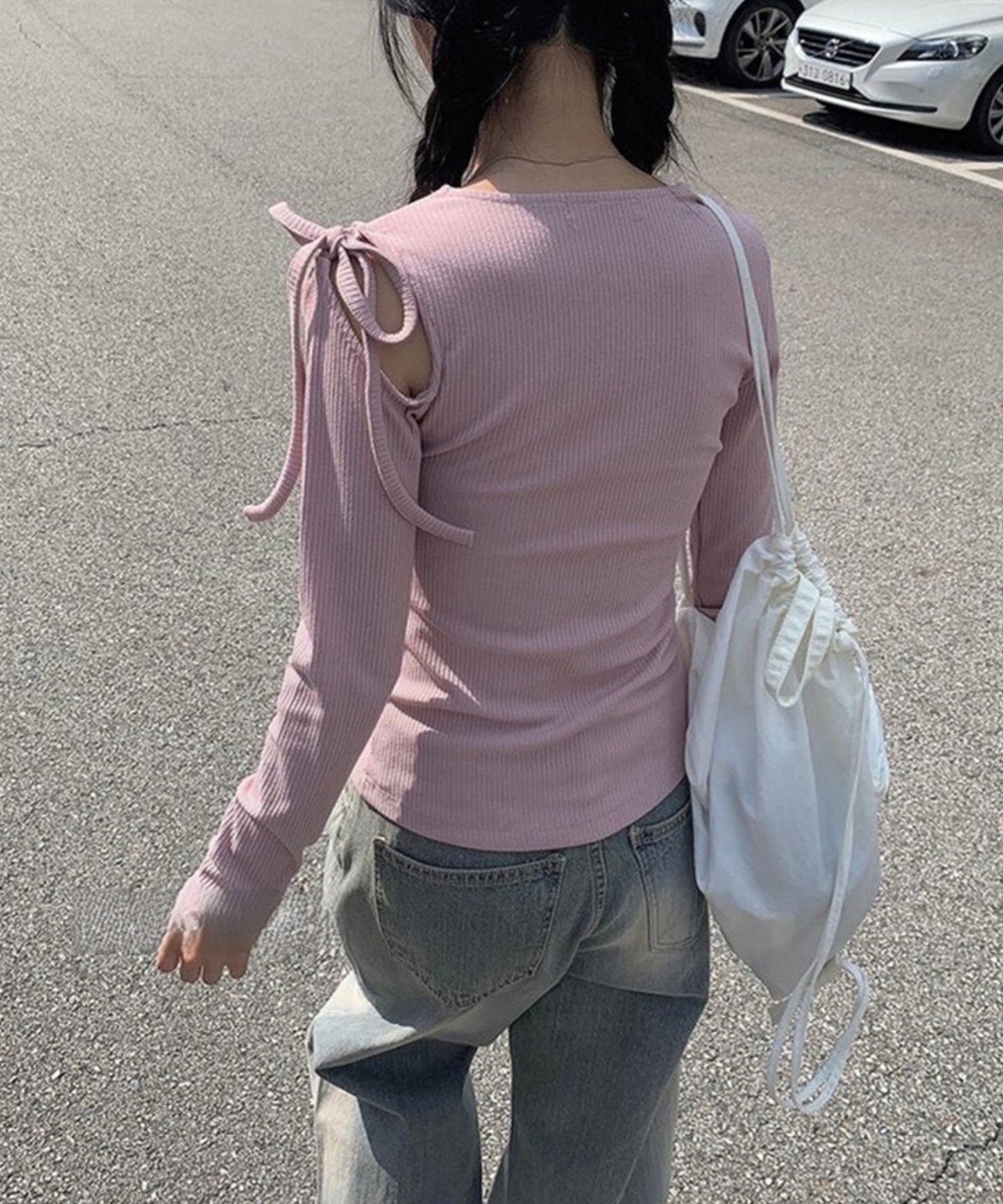 肩リボン オープンカット ショルダー リブ カットソー