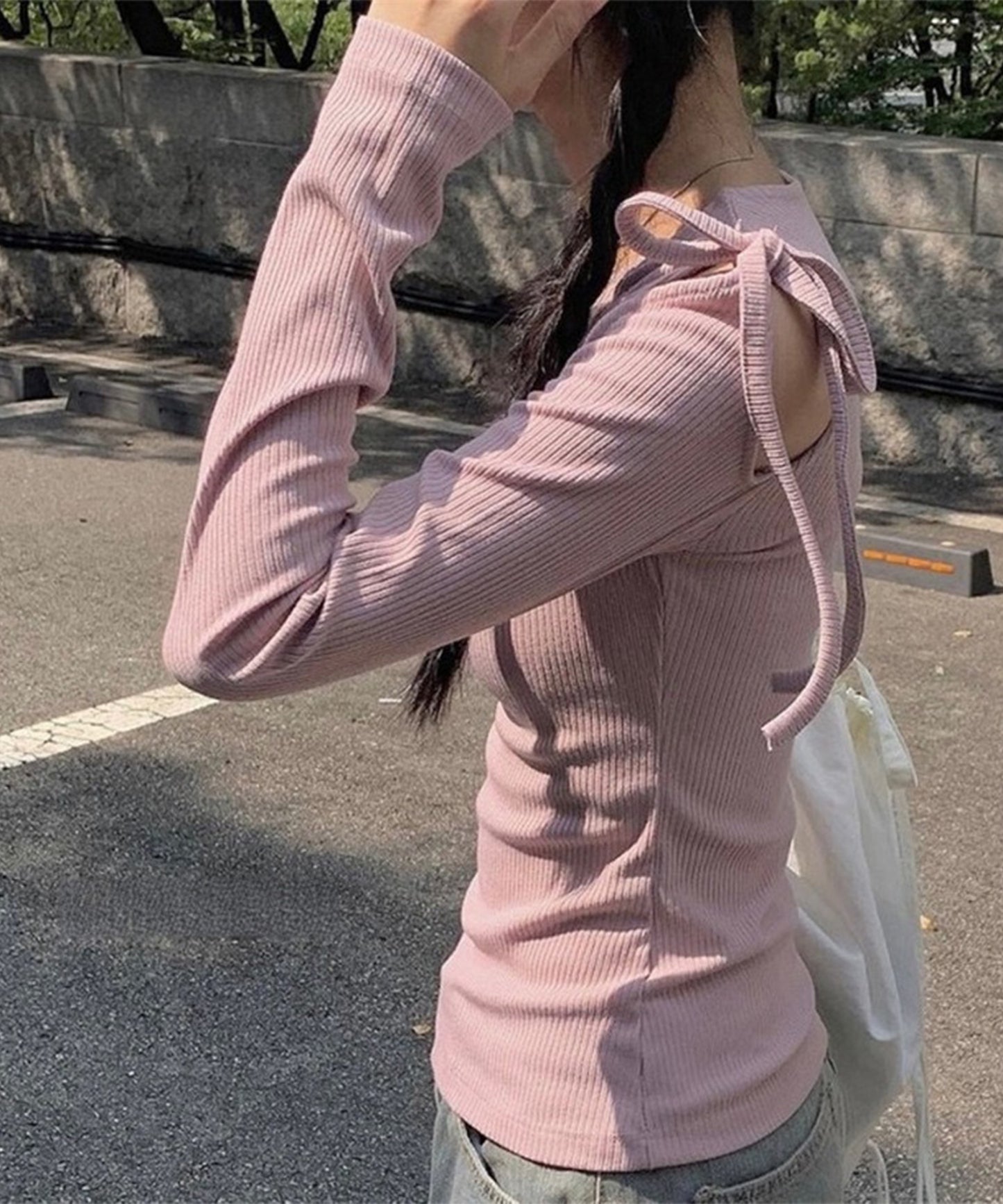 肩リボン オープンカット ショルダー リブ カットソー