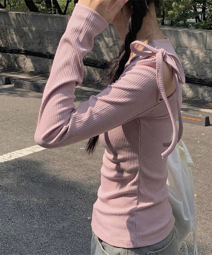 肩リボン オープンカット ショルダー リブ カットソー