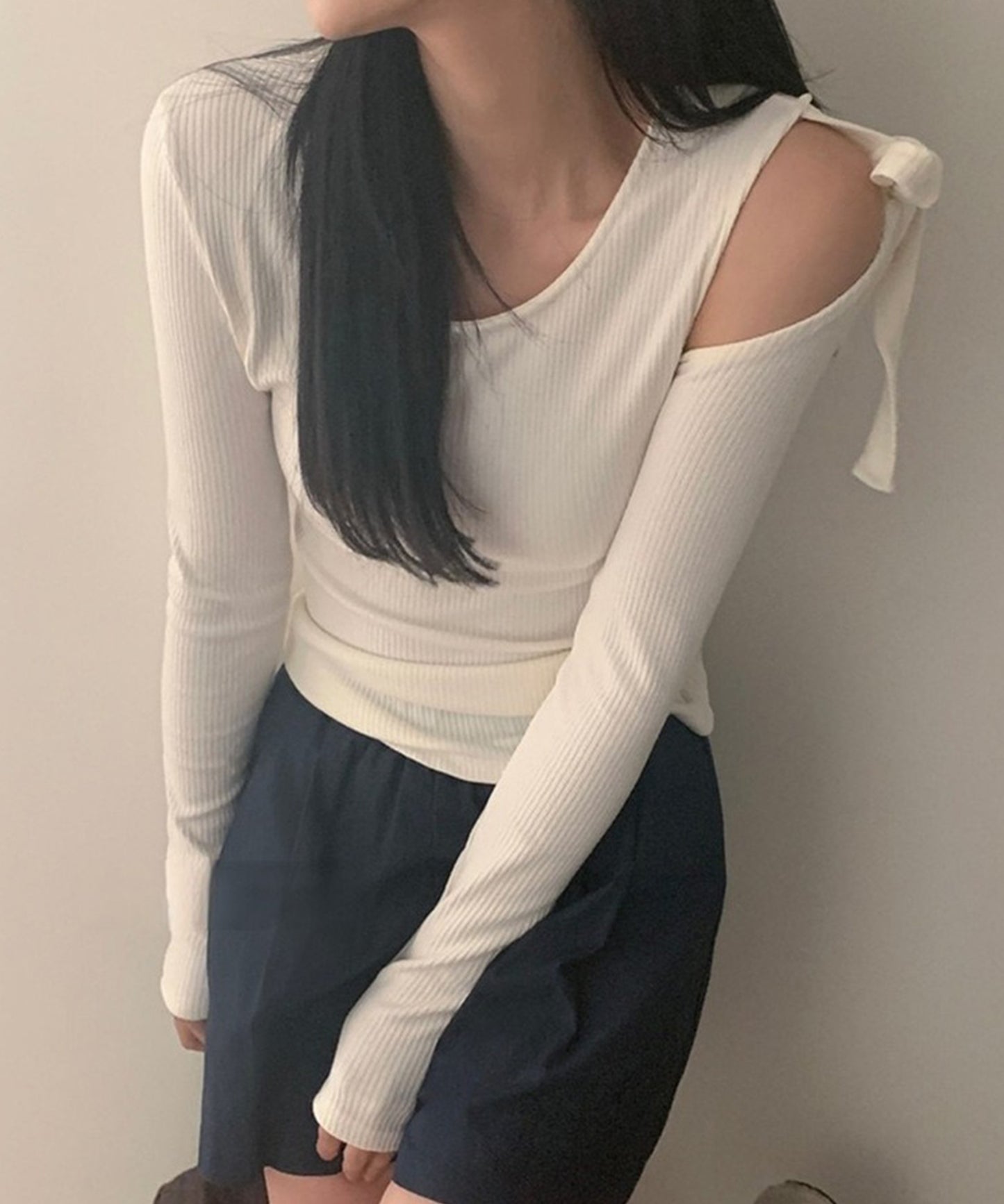 肩リボン オープンカット ショルダー リブ カットソー