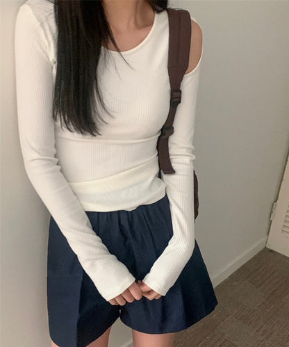 肩リボン オープンカット ショルダー リブ カットソー