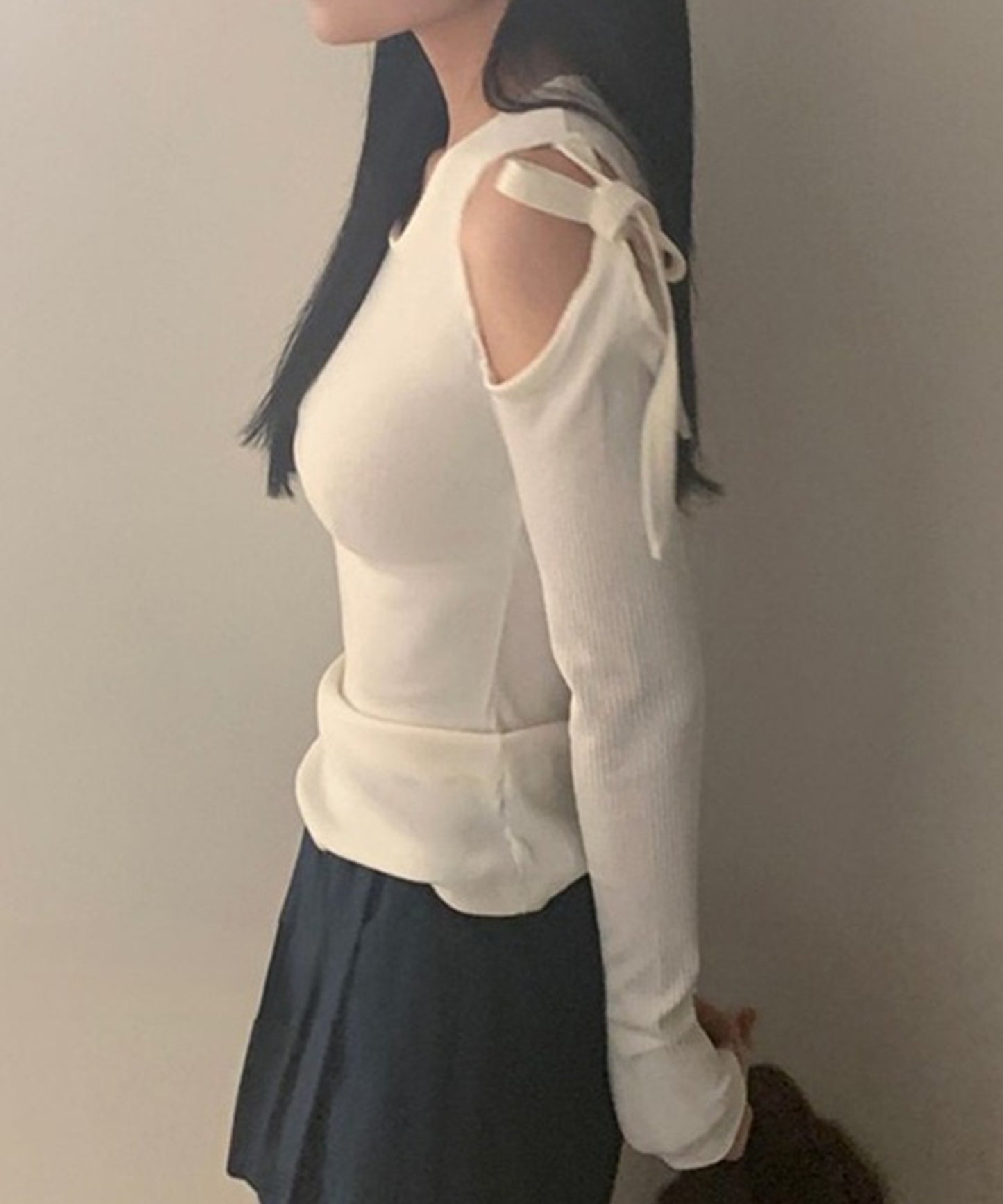 肩リボン オープンカット ショルダー リブ カットソー