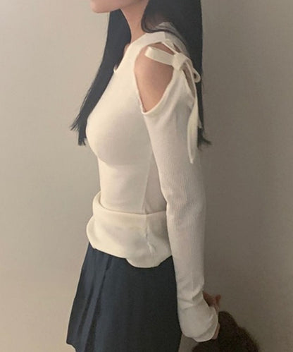 肩リボン オープンカット ショルダー リブ カットソー