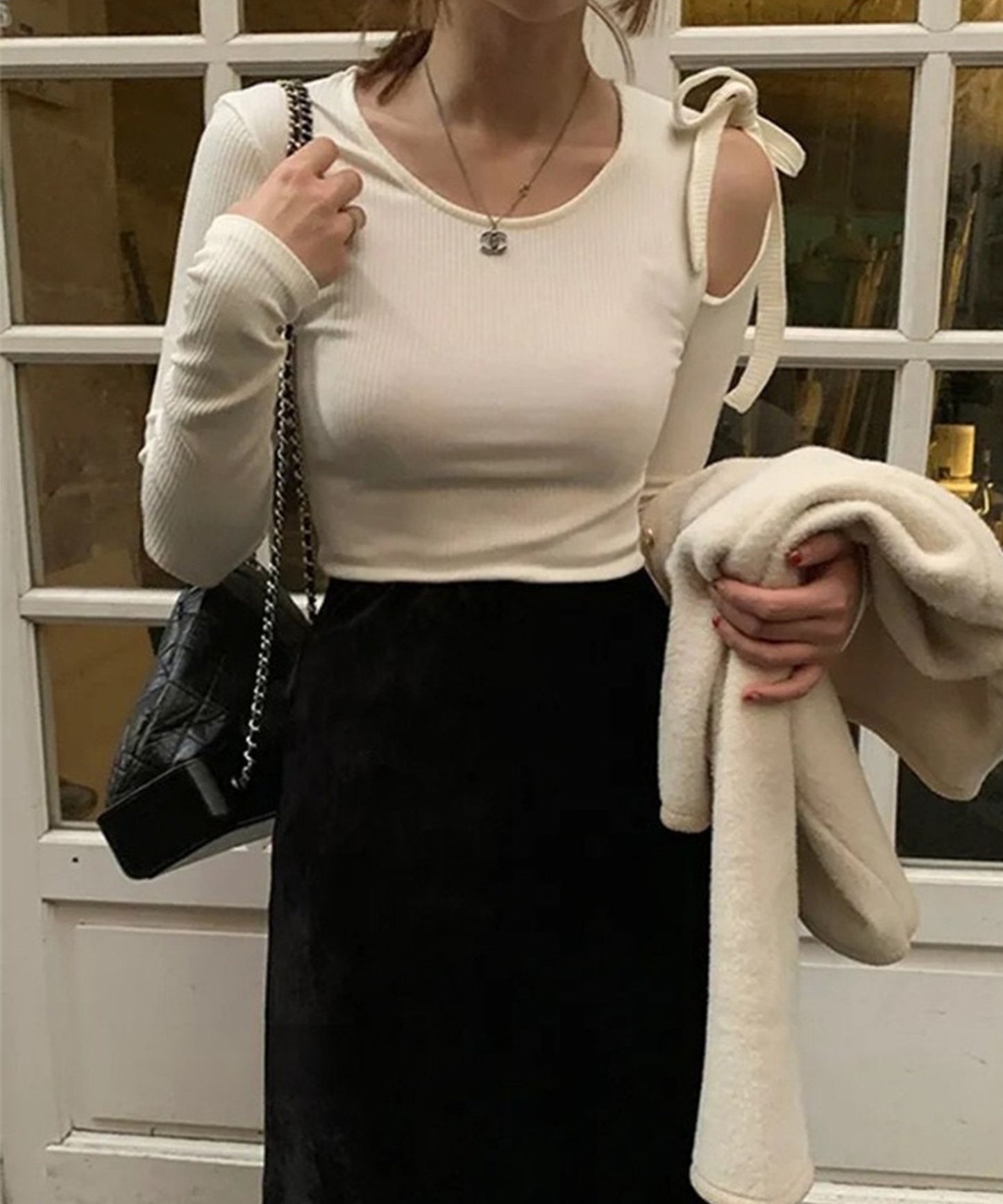 肩リボン オープンカット ショルダー リブ カットソー