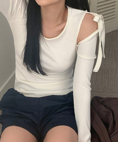 肩リボン オープンカット ショルダー リブ カットソー