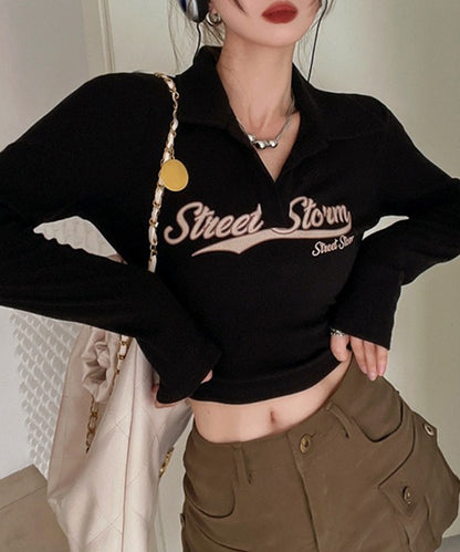 ロゴプリント 襟付き スキッパーネック クロップド丈 カットソー