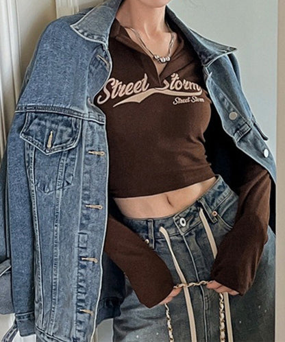 ロゴプリント 襟付き スキッパーネック クロップド丈 カットソー