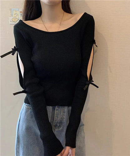 袖リボン オープンカット リブ ニット プルオーバー