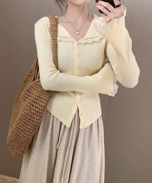 丸襟 レース リブ ニット カーディガン