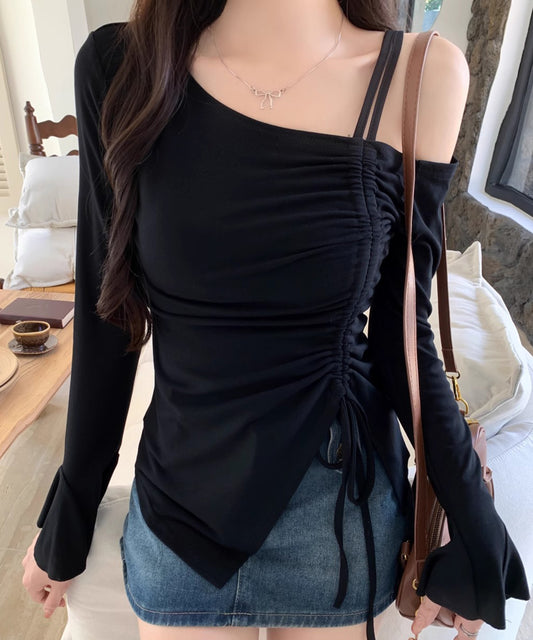 ワンオフショルダー シャーリング リボン 長袖 カットソー