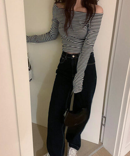 オフショルダー ラグラン ボーダー 長袖 カットソー