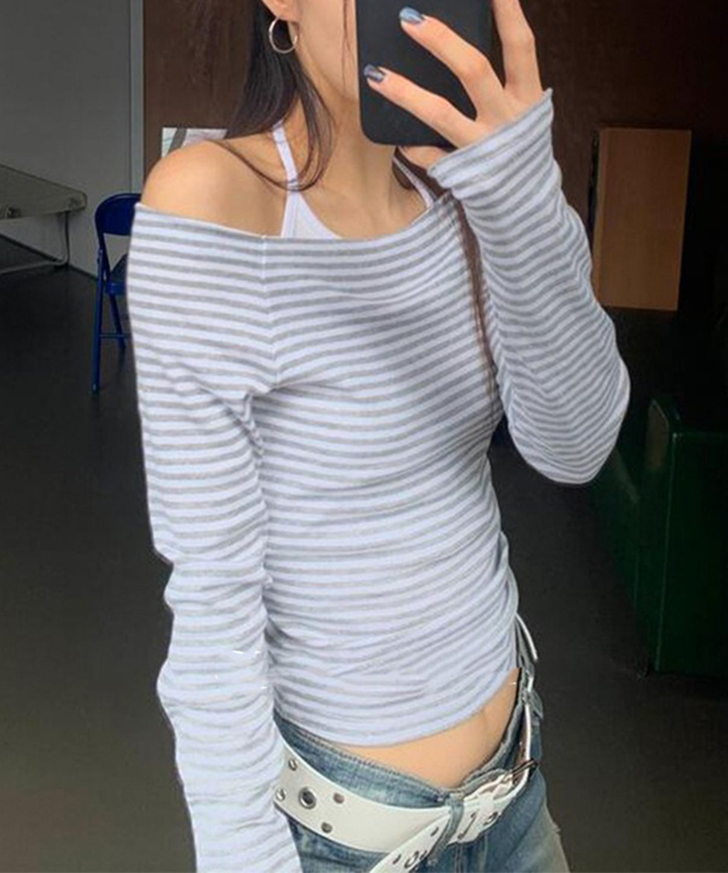 オフショルダー ラグラン ボーダー 長袖 カットソー