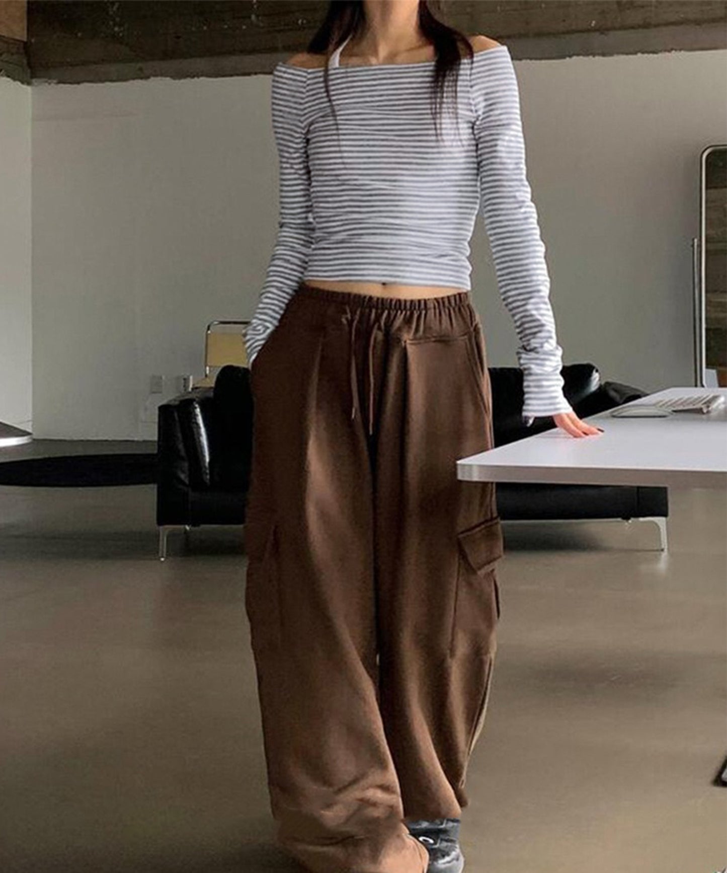 オフショルダー ラグラン ボーダー 長袖 カットソー