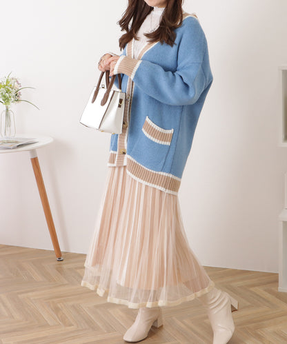 配色ラインゆるニットVネックカーディガン