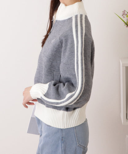 ライン入り ジップアップ コンパクト ニット カーディガン